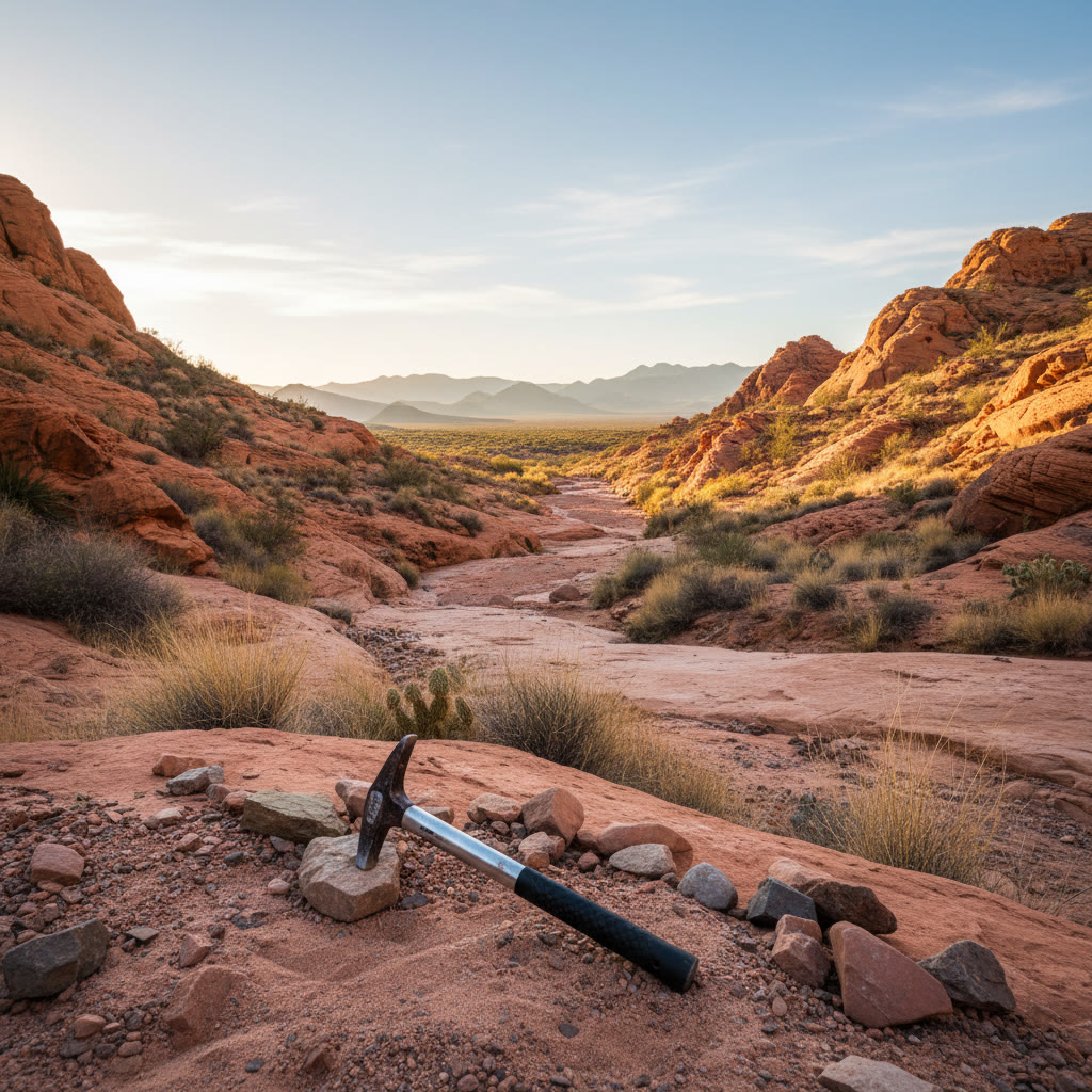 A desert wash and rock hammer on public land